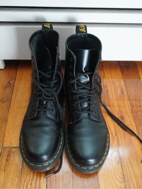 Dr. Martens Black Leather Lace-Up Boots with Yellow Stitching